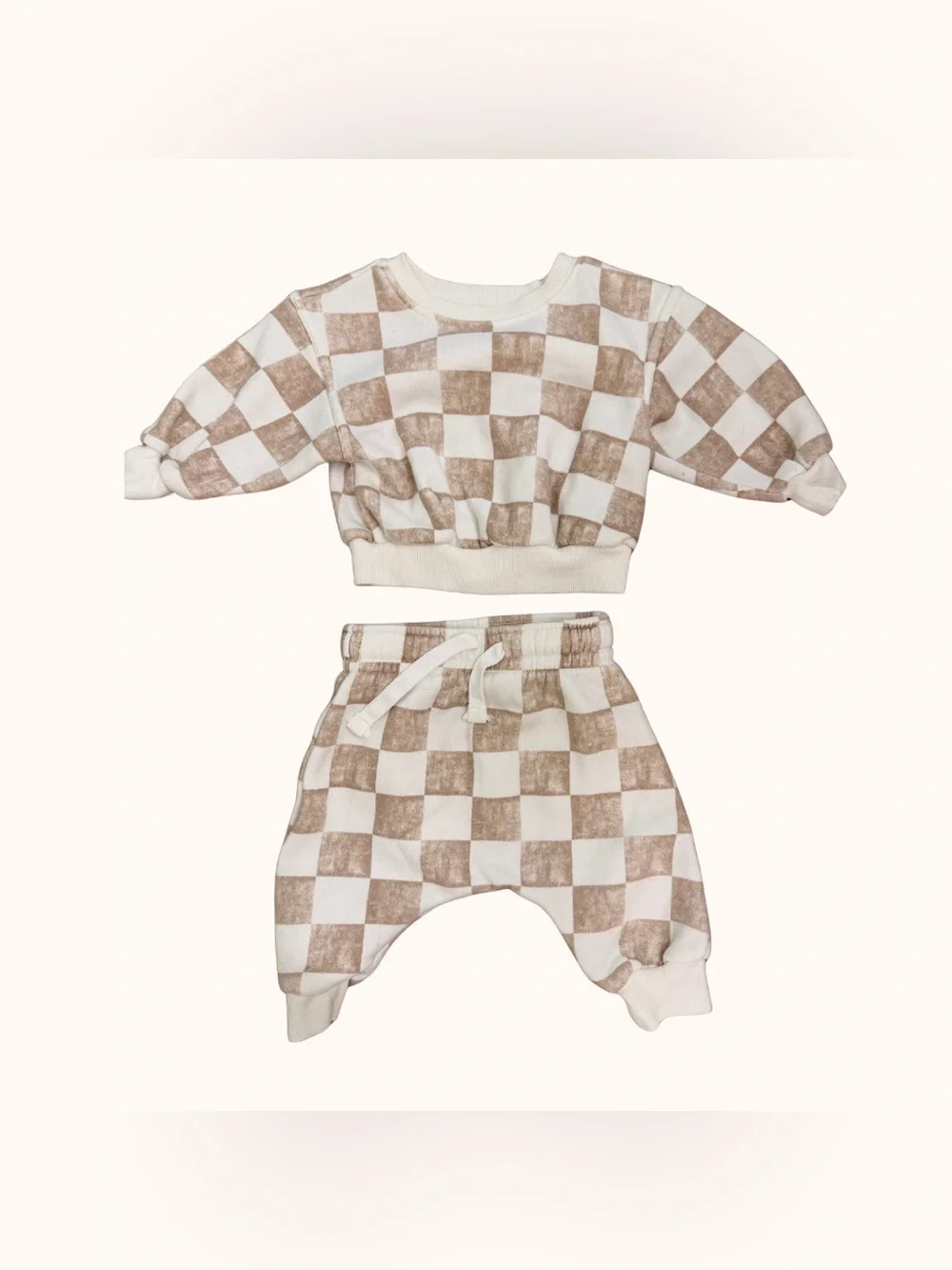 Beige Checkerboard Kids Matching Sweat Set - Cozy Neutral Two-Piece